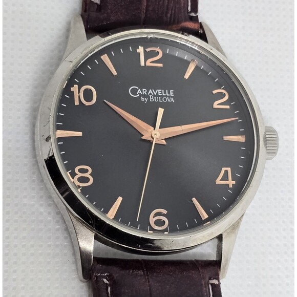 Men's Caravelle New York by Bulova Black Dial Brown Leather Strap Watch 13 - Picture 7 of 9
